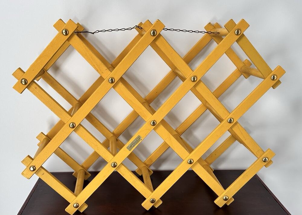Vintage Yellow Wooden Wine Rack Accordion Fold Up 10 Bottle Holder MCM